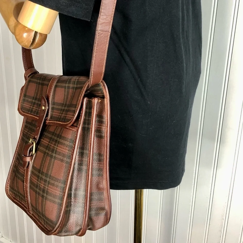 RALPH LAUREN Tartan Plaid Large Leather Crossbody Messenger Shoulder Bag